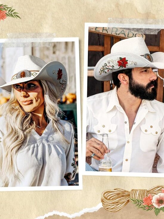 Women\'s White Straw Western Embroidered Imported Canvas Paper Cowgirl Hat